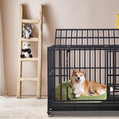 Outvita Heavy Duty Dog Crate 42" Large Metal Wire Kennel with Lockable Wheels H499