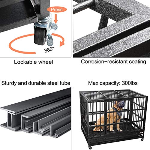 LEMBERI 48/38 inch Heavy Duty Dog Crate with Lockable Wheels, Double Door, Removable Tray Z823935