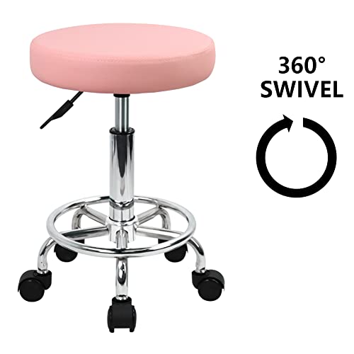 KKTONER PU Leather Round Rolling Stool with Foot Rest Swivel Height Adjustment (Pink) Q8561