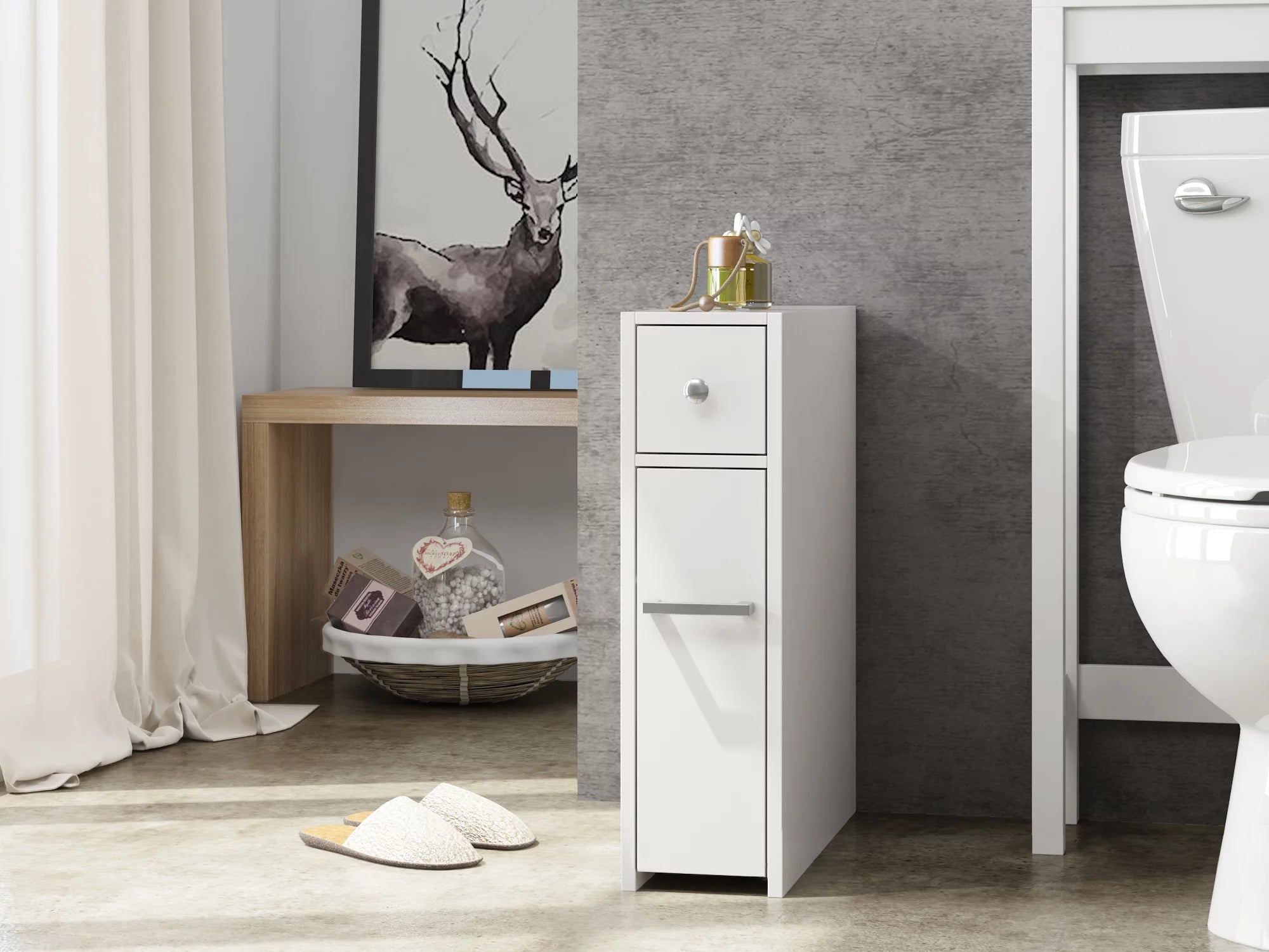 Spirich Home Slim Bathroom Storage Cabinet with Slide Out Drawer, White D910171