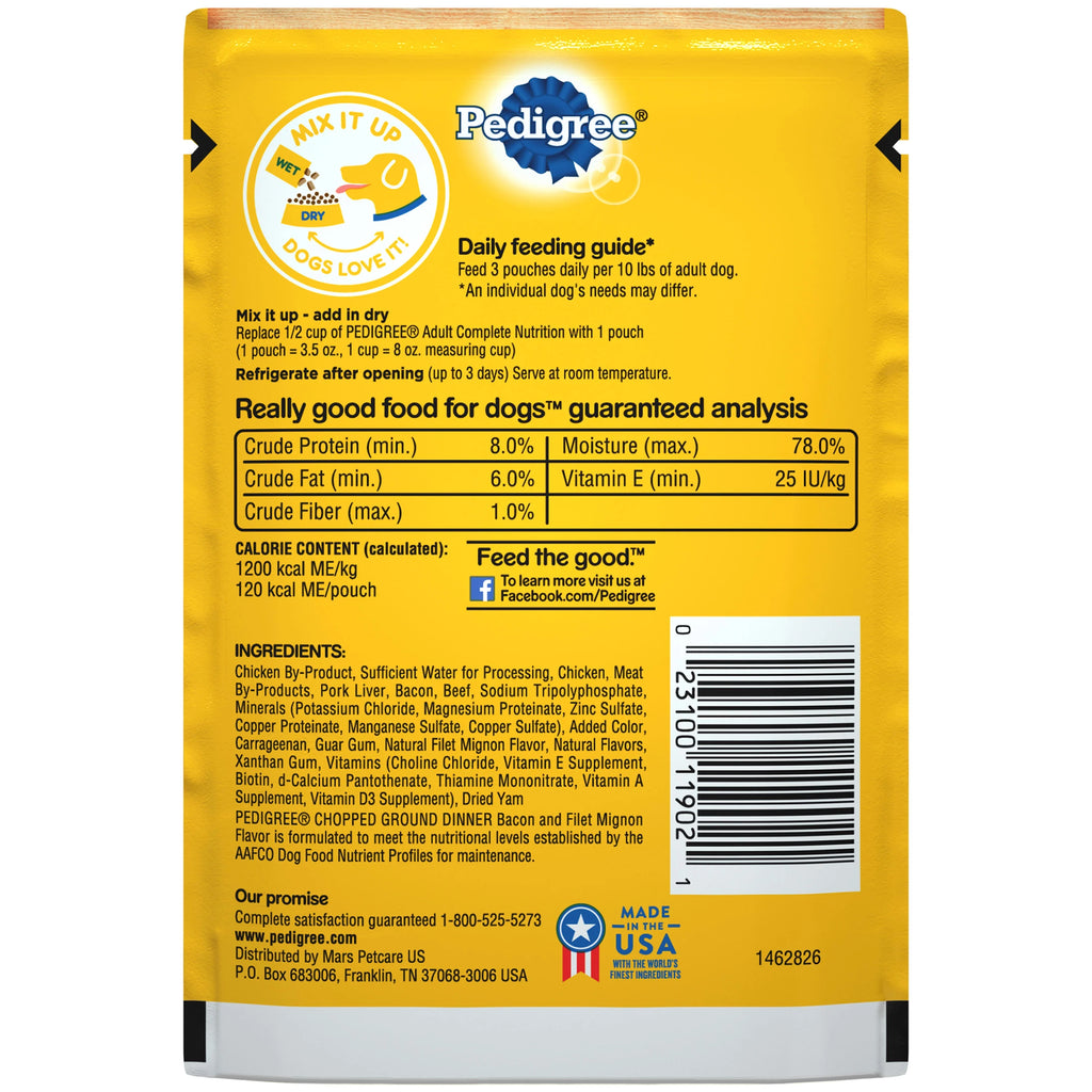 PEDIGREE CHOPPED GROUND DINNER Adult Soft Wet Dog Food, Bacon and Filet Mignon Flavor, 3.5 oz A8144