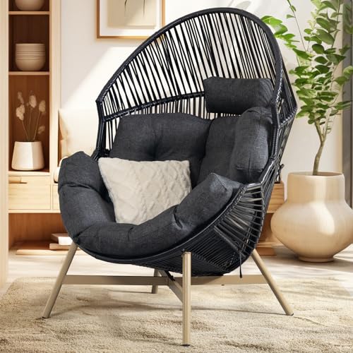 Bme Heavy Duty Wicker Egg Chair for Indoor & Outdoor, Black Base N148
