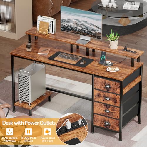 Furologee 47" Computer Gaming Desk with Monitor Stand, 4 Fabric Drawers & Power Outlets, Rustic Brown U645888