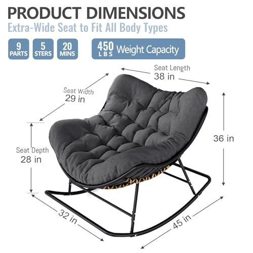 SWITTE Papasan Rocking Chair Outdoor Indoor, Oversized Wicker with Cushion, Gray H68308