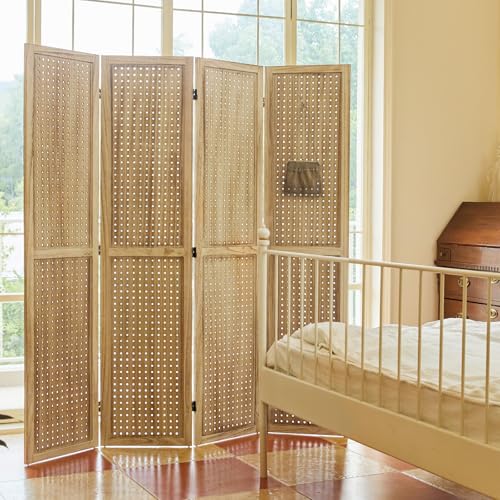 Pegboard Display 5.6Ft Wooden Room Divider Folding Privacy Screen Freestanding Wall Organizer, 4 Panels, Natural C603