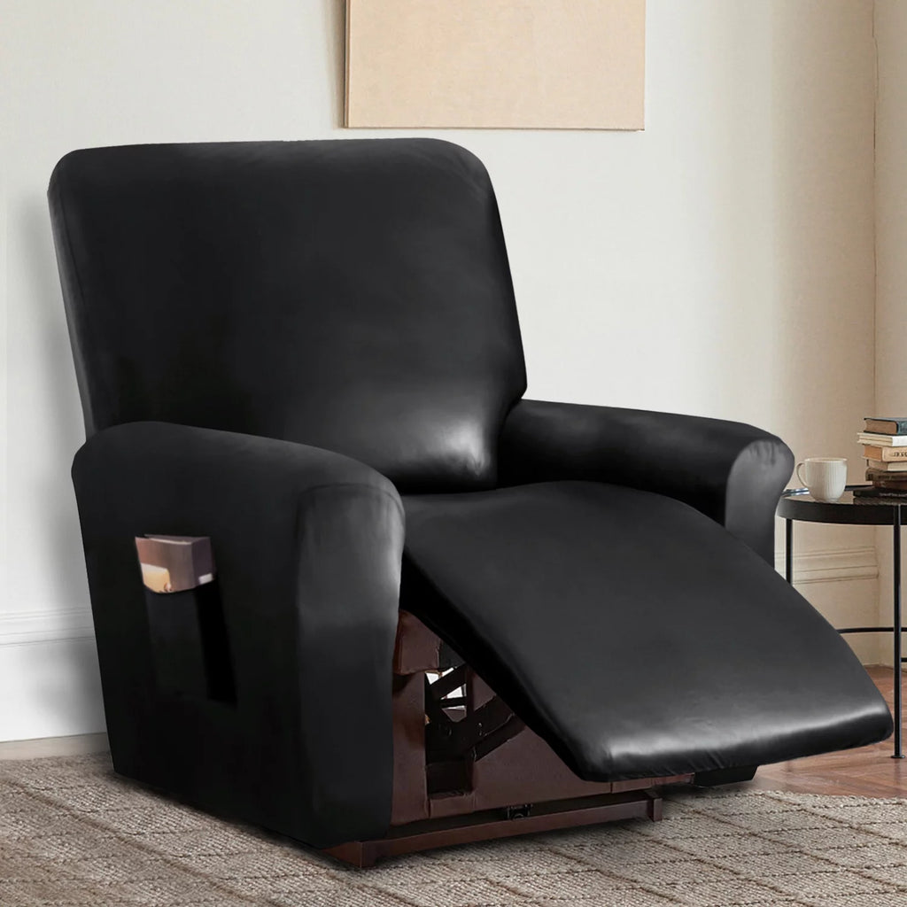 PU Leather Recliner Chair Cover 4-Pieces Waterproof Stretch with Pockets, 1 Seater, Black T9863