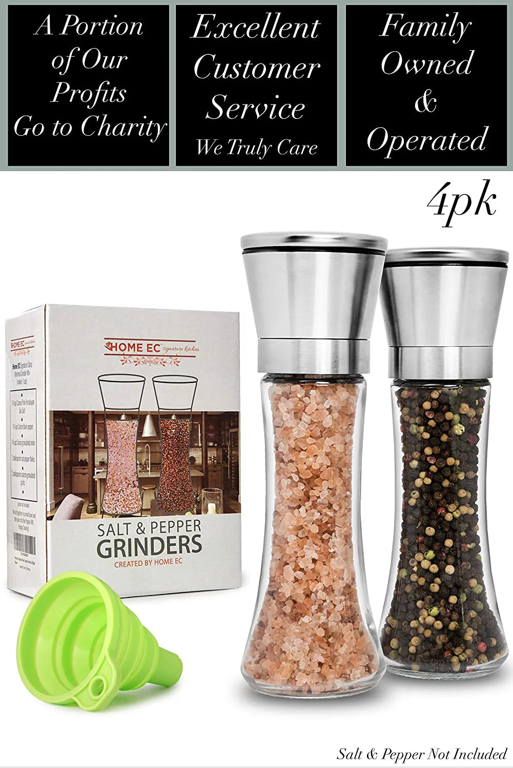 HOME EC Original Stainless Steel Salt and Pepper Grinder Set, Clear Glass, 4pk U3413