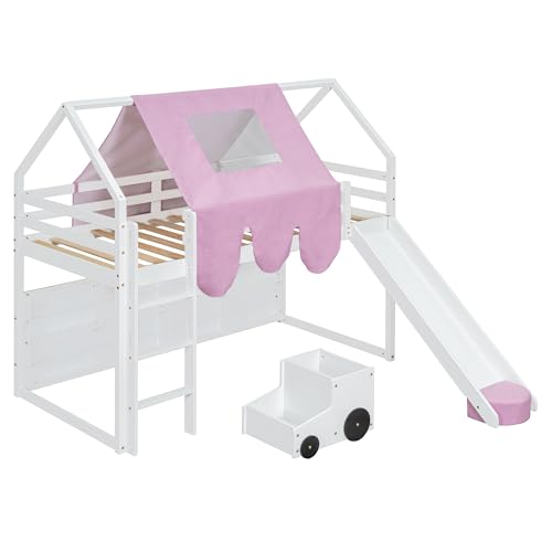Harper & Bright Designs Kids Twin Low Loft Bed with Slide, Storage Shelves & Stairs, White/Pink C414827