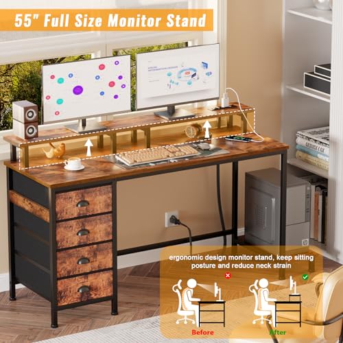 Furologee 47" Computer Gaming Desk with Monitor Stand, 4 Fabric Drawers & Power Outlets, Rustic Brown U645888