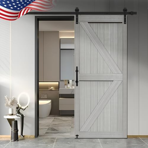 S&Z TOPHAND® 20 in x 84 in Elephant Gray British Brace Knotty Barn Door with 4FT Sliding Hardware Kit G149446
