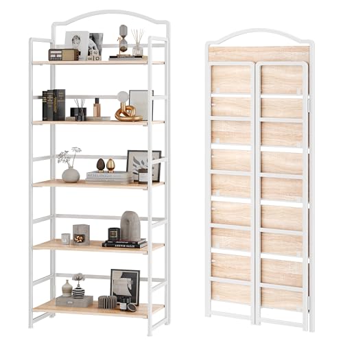 JSB Folding Bookshelf 5 Tier Vintage Wood Bookcase for Living Room Bedroom Office S131658