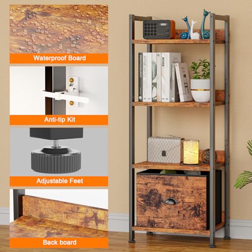Furologee 5 Tier Bookshelf with Drawer, Industrial Tall Narrow Bookcase, Black T883828