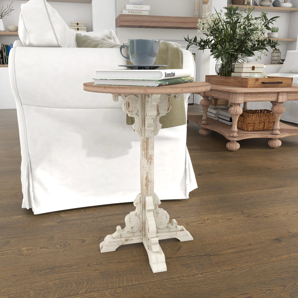 DecMode 16" x 23" White Wood Carved Scroll Accent Table O977