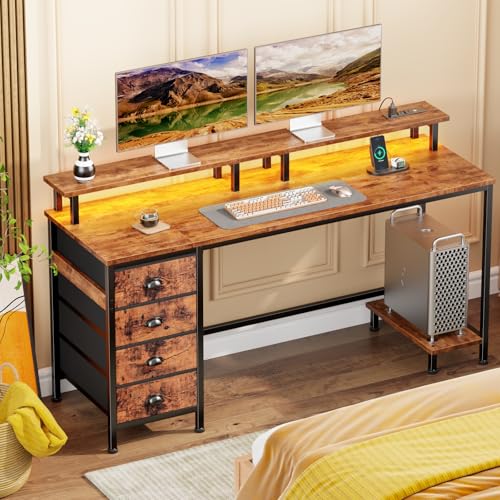 Furologee 47" Computer Gaming Desk with Monitor Stand, 4 Fabric Drawers & Power Outlets, Rustic Brown U645888