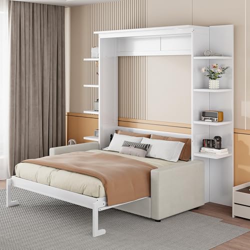 PURLOVE Queen Murphy Bed with Sofa, Wood Slat Support, Gray E27008