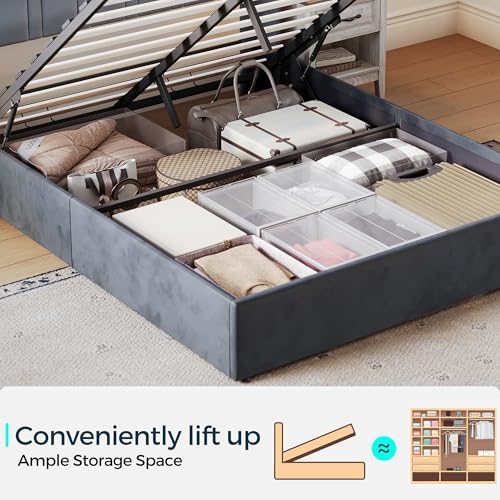 LINSY Lift Up Storage Queen Bed Frame with LED Lights and Charging Station, Dark Grey I29937