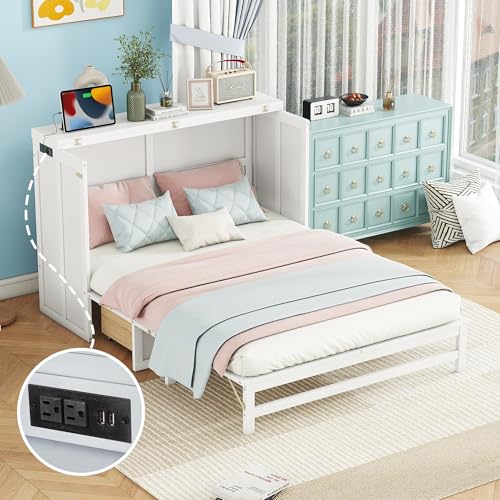 Queen Murphy Bed with Desk and Removable Shelves, USB Port, White H566492