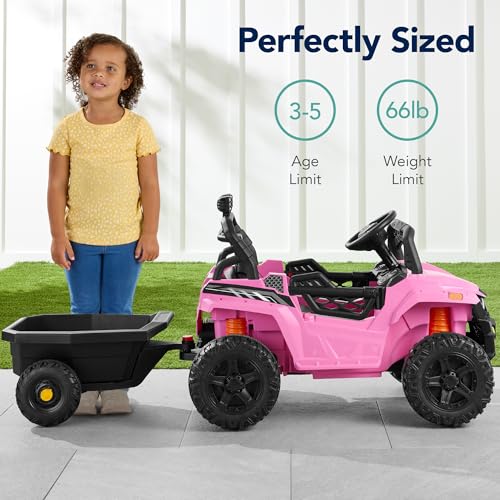 Kids 12V Electric Ride On UTV Car with Trailer, Parent Control, LED Lights, Bluetooth - Black C2735