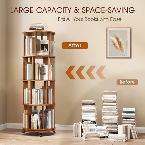 6 Tier Rotating Bookshelf Tower with Swivel Wheels, Solid Wood, Walnut B588