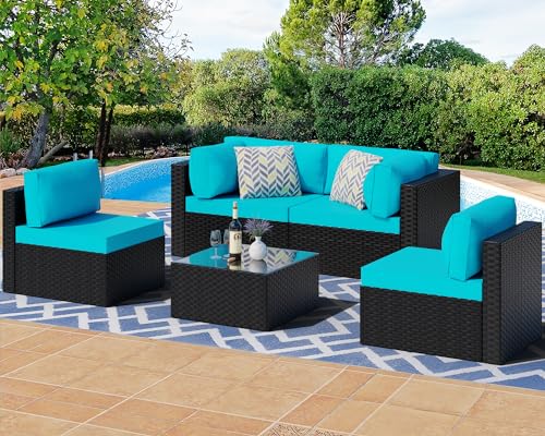 Shintenchi 5-Piece Outdoor Patio Sectional Sofa with Cushions and Glass Coffee Table, Aegean Blue U127322