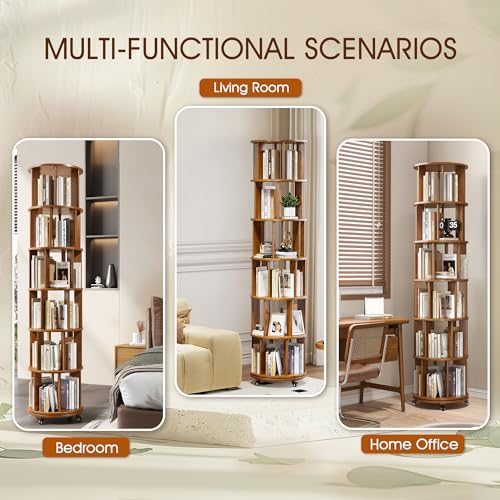 6 Tier Rotating Bookshelf Tower with Swivel Wheels, Solid Wood, Walnut B588