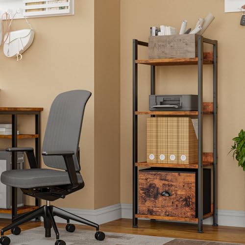 Furologee 5 Tier Bookshelf with Drawer, Industrial Tall Narrow Bookcase, Black T883828