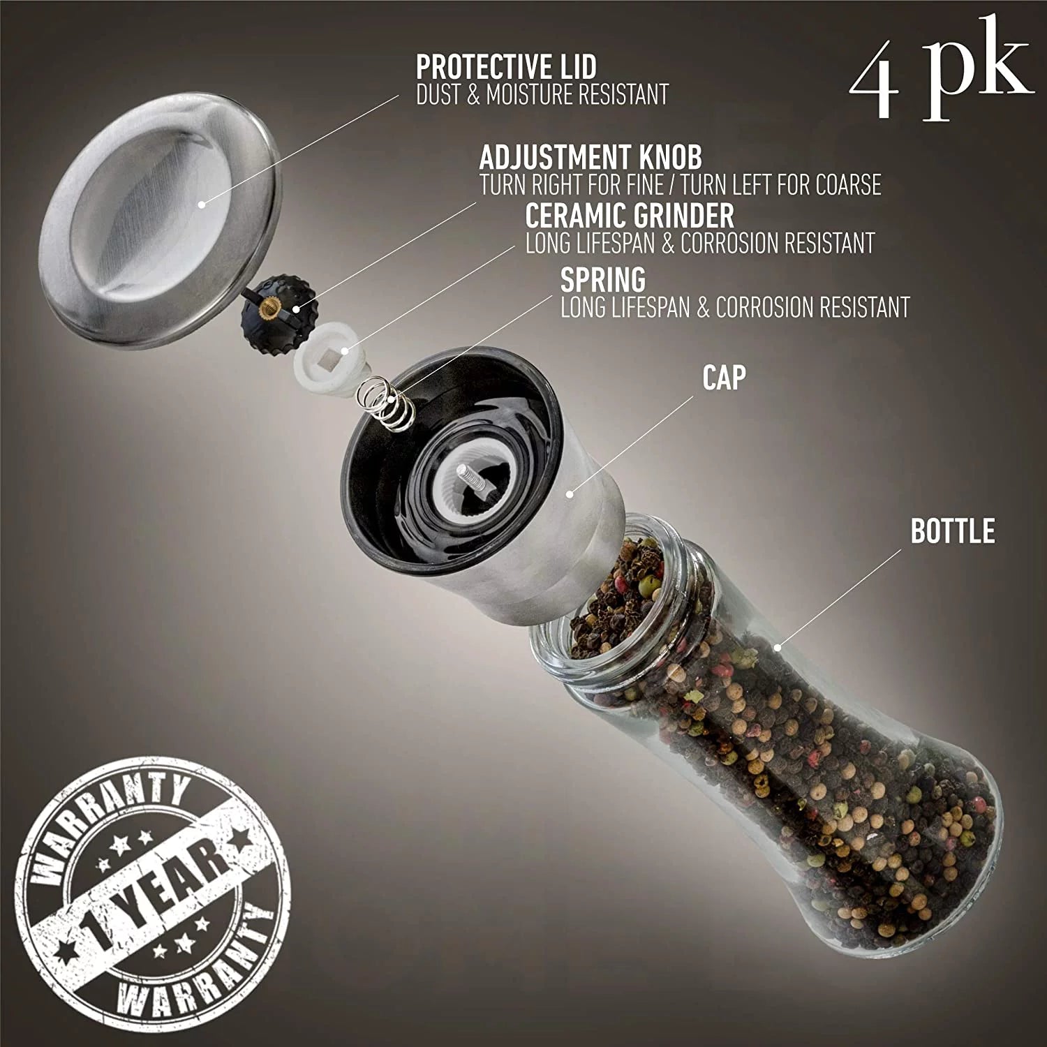 HOME EC Original Stainless Steel Salt and Pepper Grinder Set, Clear Glass, 4pk U3413