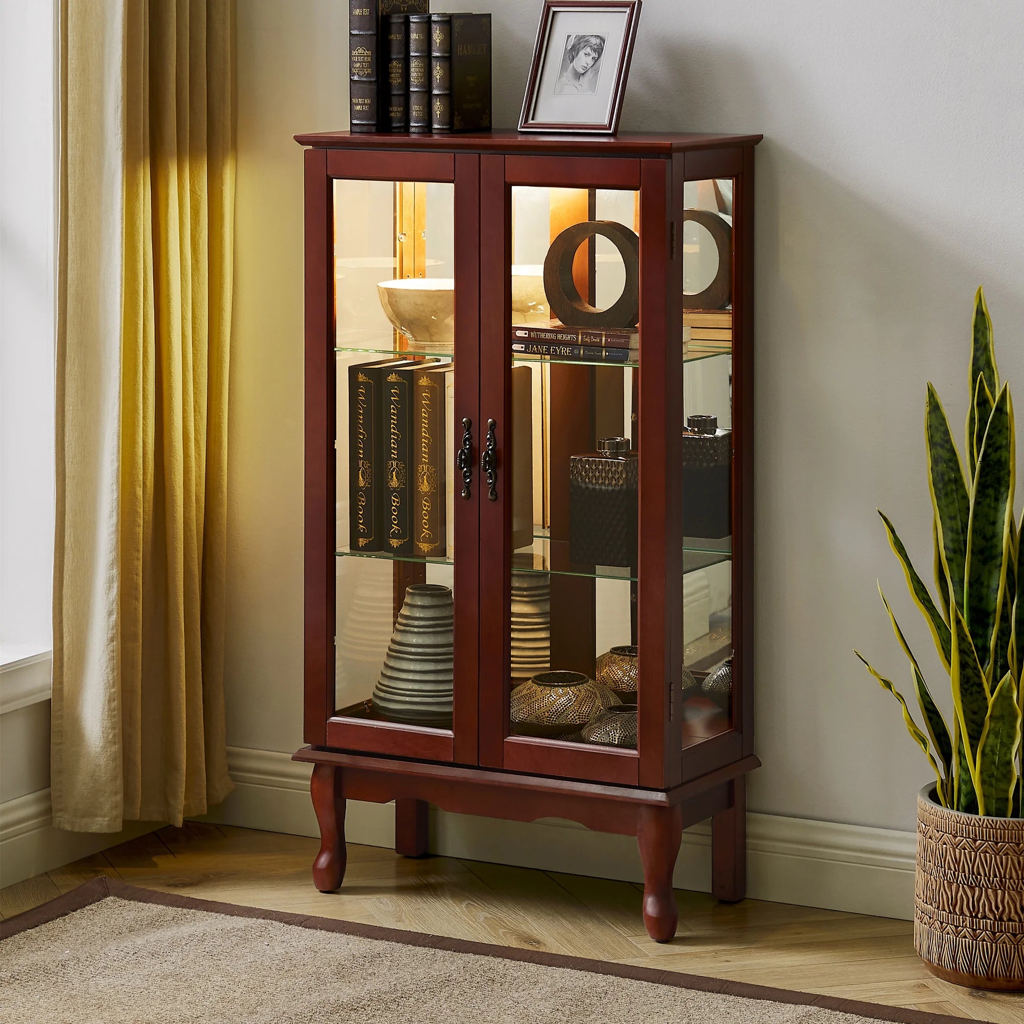 Ufurpie 3 Tier Curio Cabinet with Mirrored Back Panel and Tempered Glass Doors, Cherry M84574