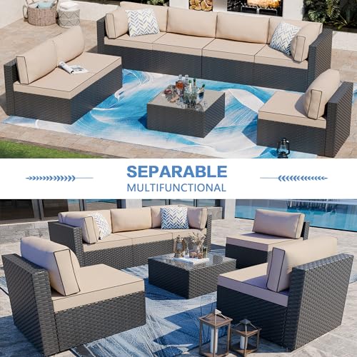 Shintenchi 5-Piece Outdoor Patio Sectional Sofa with Cushions and Glass Coffee Table, Aegean Blue U127322