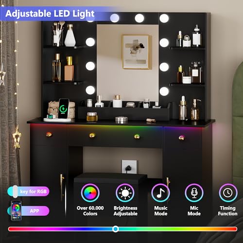 White Vanity Desk with Mirror and Lights, Charging Station and Stool Z6519