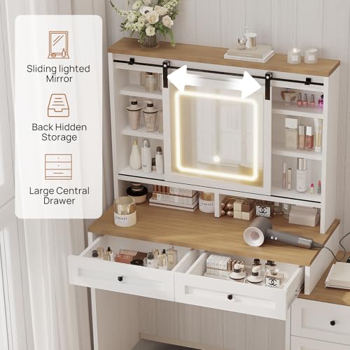 Farmhouse Vanity Desk with Lighted Mirror & Stool, 8 Shelves, 5 Drawers L80251