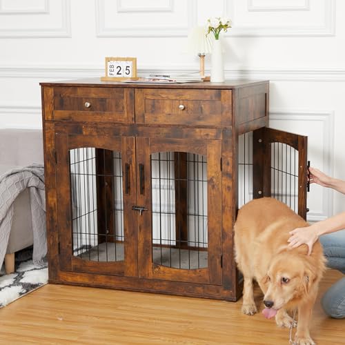 Wooden Dog Crate Furniture with Cushion and 2 Drawers R35157
