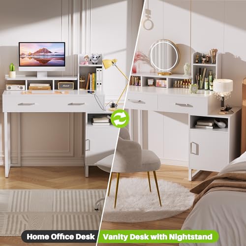 White Vanity Desk with Power Outlet and Storage Y378
