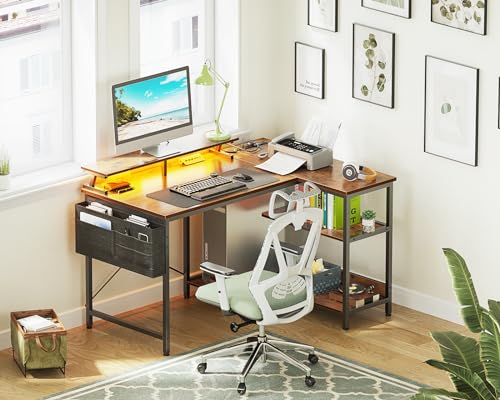 ODK 48 Inch L Shaped Gaming Desk with USB Charging Ports and LED Lights S136