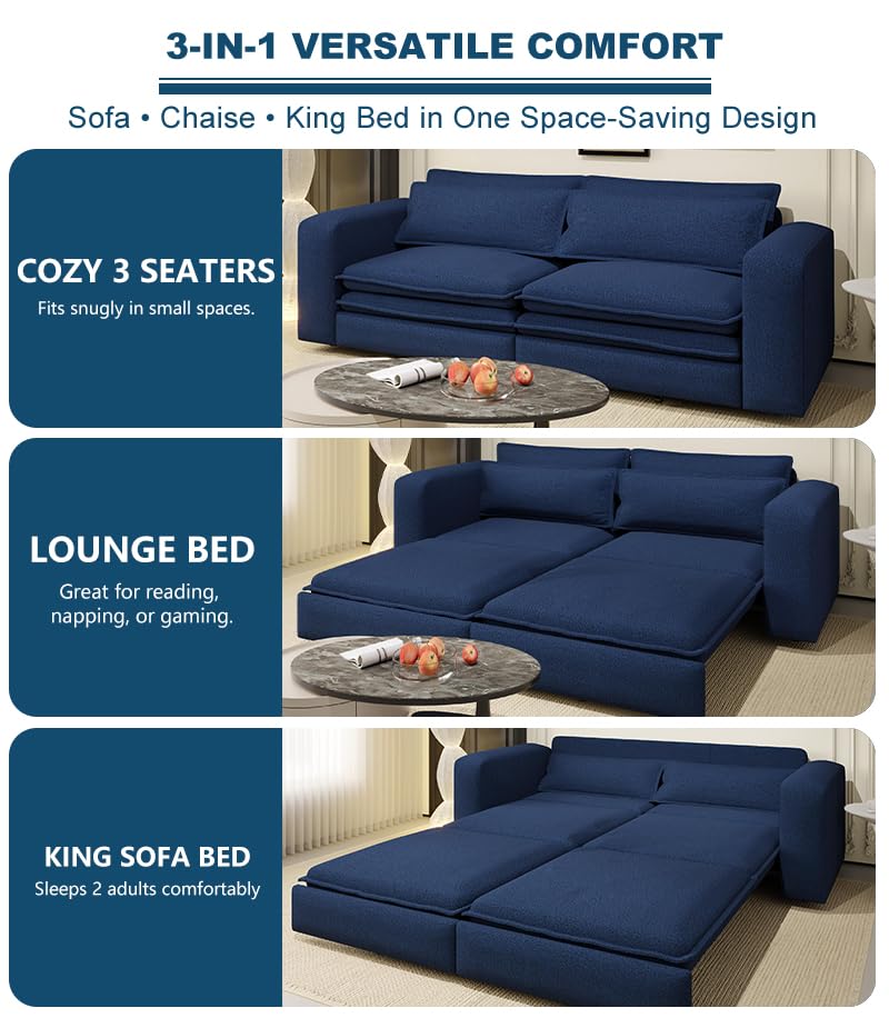 93" King Pull Out Sofa Bed with 2 Pillows, Blue Q21489