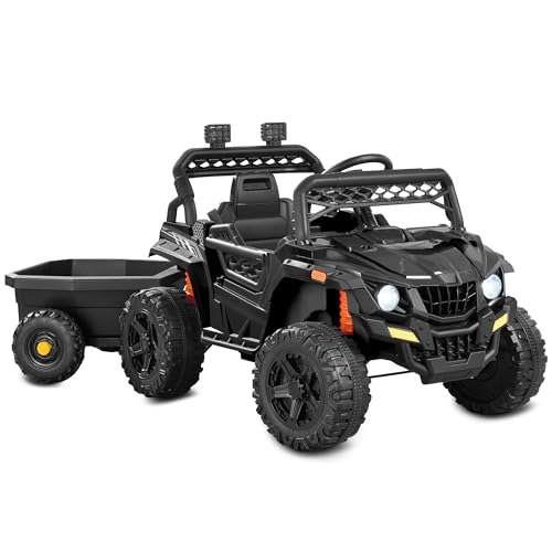 Kids 12V Electric Ride On UTV Car with Trailer, Parent Control, LED Lights, Bluetooth - Black C2735