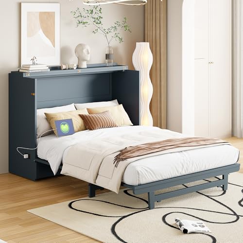 Merax Full Size Murphy Bed Cabinet with USB Charging Station, Gray U60536
