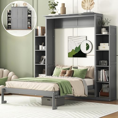 Merax Queen Size Wood Murphy Bed with LED Lights and Shelves, Grey K26344