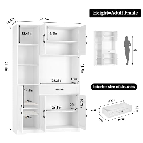 HOSTACK 71" Tall Kitchen Pantry Storage Cabinet with Microwave Stand, Barn Doors, Ash Grey H766476