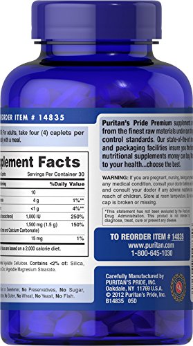 Puritan's Pride Absorbable Calcium 1500 mg with Vitamin D3, 120 Coated Caplets C6084