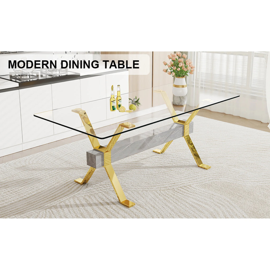 Modern tempered glass rectangular dining table with 6 white PU gold leg chairs V1592