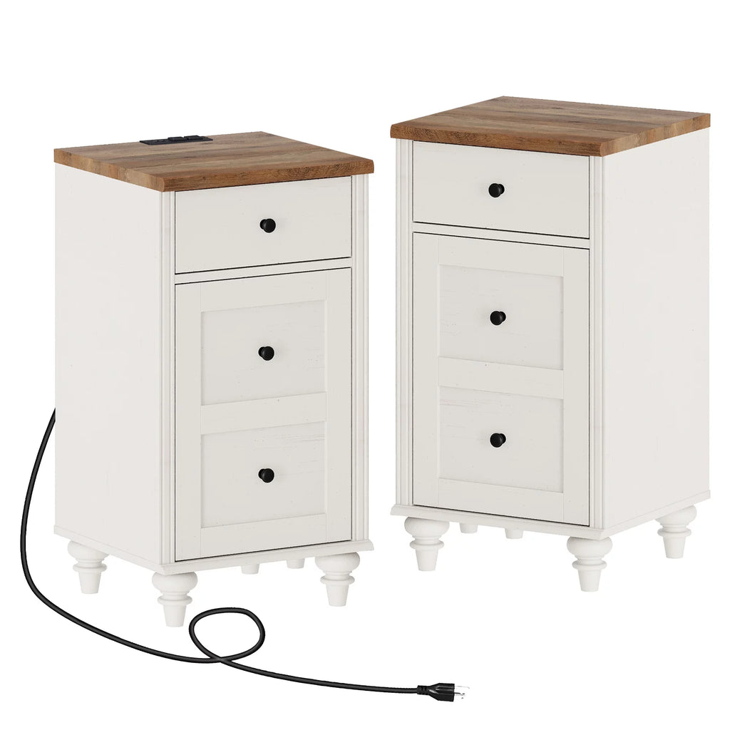 Set of 2 Nightstand with Charging Station, Bedside Table with Outlets, Wood End Table with Drawer, Off-White N19415