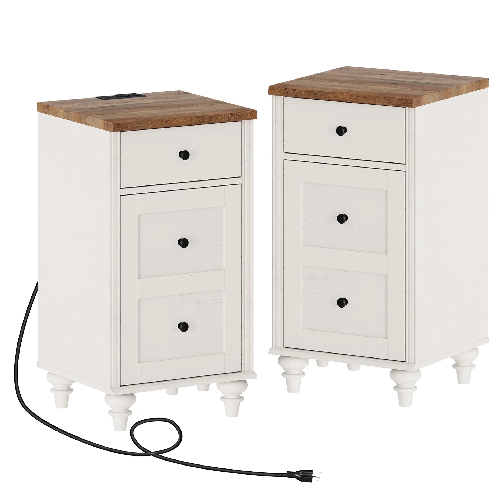 Set of 2 Nightstand with Charging Station, Bedside Table with Outlets, Wood End Table with Drawer, Off-White N19415
