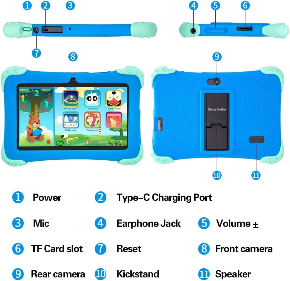 wei Kids Tablet 7 inch Android 11 Learning Tablet with Parental Control (Blue) N1773