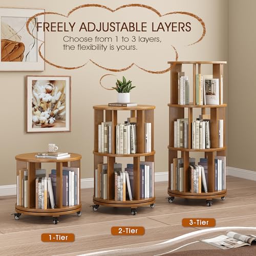 6 Tier Rotating Bookshelf Tower with Swivel Wheels, Solid Wood, Walnut B588