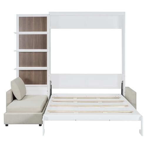 Harper & Bright Designs Queen Murphy Bed with Sofa and Shelves, White P14954