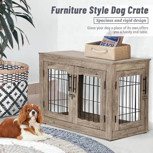 Wooden Dog Crate Furniture with Bed Mat, 32 Inch, 3 Doors, Greige X4054