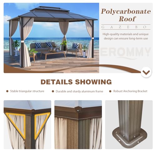 EROMMY 10' x 12' Hardtop Gazebo with Aluminum Frame and Double Roof Q573