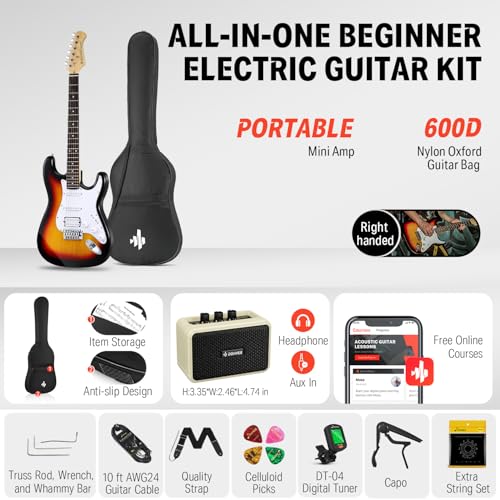 Donner DST-100B 39 Inch Electric Guitar Beginner Kit with Amplifier and Accessories W342
