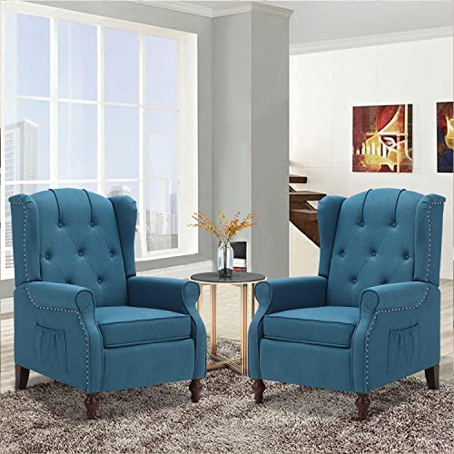 Wingback Recliner Chair with Massage and Heat, Tufted Fabric, Wooden Legs D91574